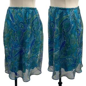 Vintage Y2k Paisley Print Mini Skirt Pull on Stretchy Waist Flowy Blue Green
